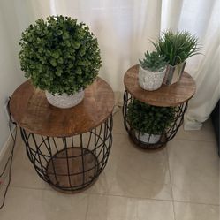 Set Of 2 Wood And Metal Side Tables 