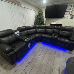 Brand New Super Comfy LED Reclining Leather Sectional W/Speakers 