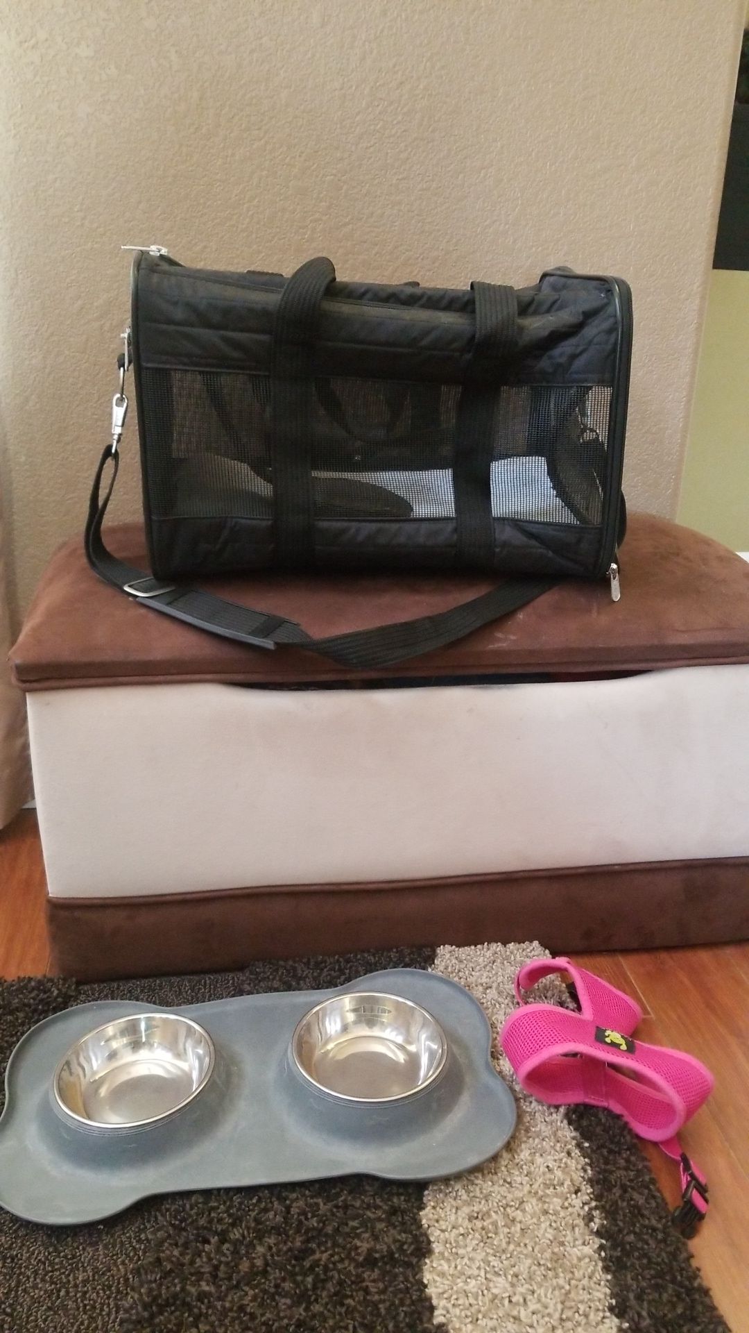 Puppy carrier, bowl and leash