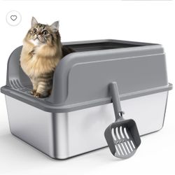 Stainless Steel High Side Litter Box Scratch Odor Resistant Easy Clean with Scoop New Condition 