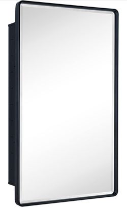 TEHOME Farmhouse Matt Black Recessed Bathroom Medicine Cabinet with Mirror Rounded Rectangle Metal Framed Medicine Cabinet with Beveled Mirror 24x36"