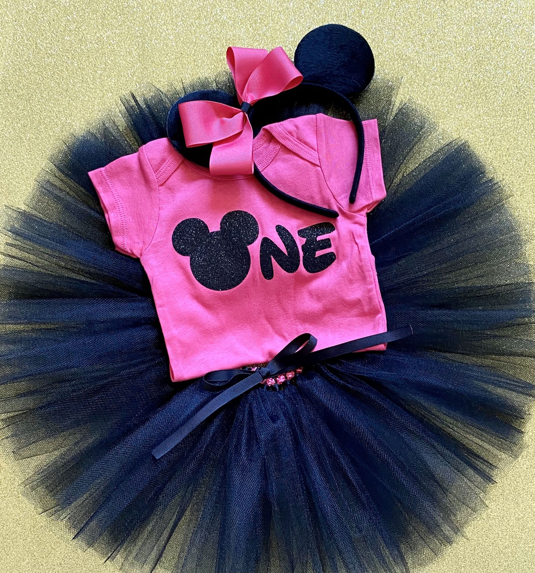 Cute Dark Pink & Black Minnie Mouse 1st Birthday Outfit 💗 12 Months