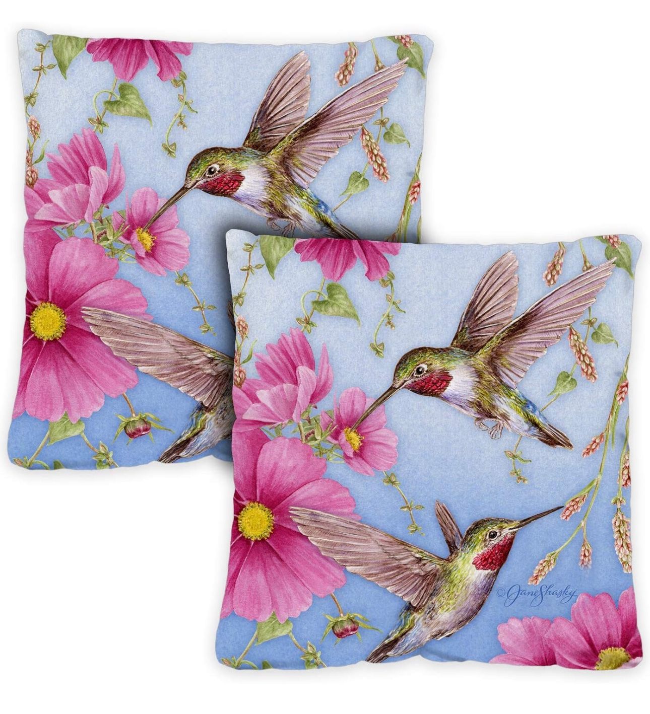 Home Garden 721212 Hummingbirds with Pink 18 x 18 Inch Indoor/Outdoor, Pillow with Insert (2-Pack)