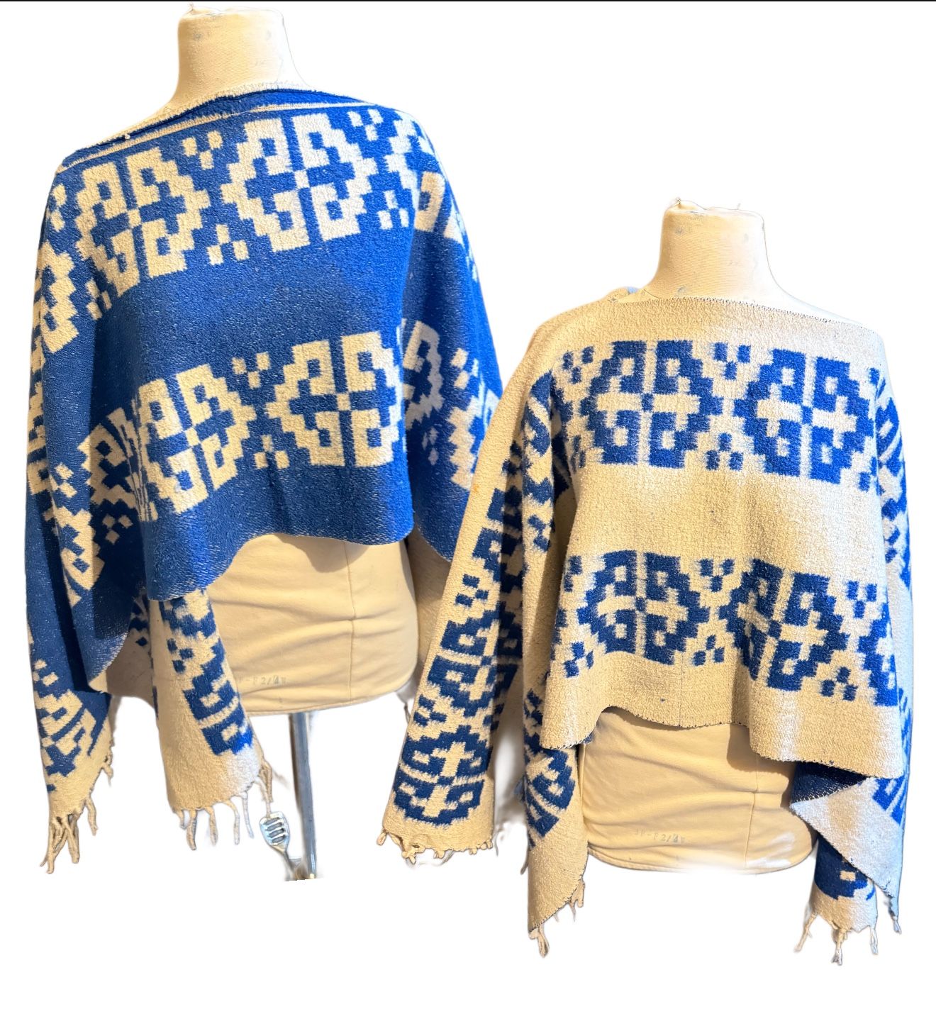 Vintage Double Sided Reversible Heavy Wool Blanket Poncho With Fringe Unisex