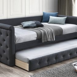 Dark Grey, Ivory Burlap & Light Grey Velvet Day Bed With Trundle Button Tufted Firm Price $299 Brand New In Box