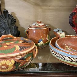 Vintage Mexican Pottery ,3 Tlaquepaque Pans , Bean Pot , Casserole 
