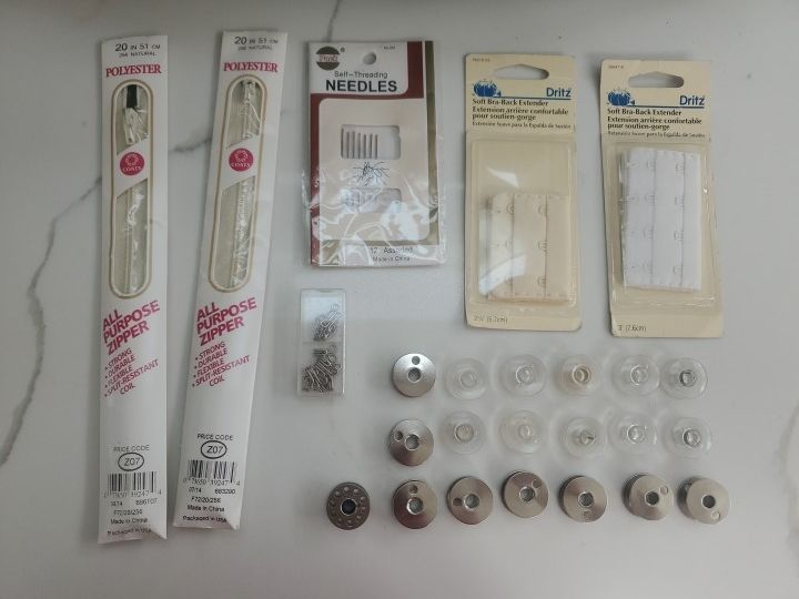 Sewing Bundle: 2 Zippers, Self Threading Needles, Bra Extender, Bobbins, Etc