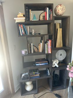 Modern Geometric Open-Shelf Bookcase / Display Shelf – Dark Wood