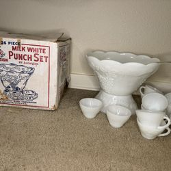 Anchorglass Milk White Glass 26-Piece Vintage Punch Bowl Set Grape Vine Pattern