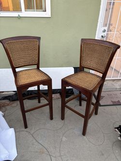 2 Rattan Wood Bar Stools Dining 