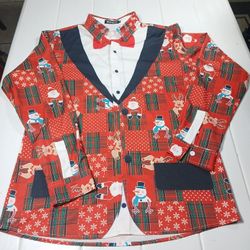 Med Christmas Theme Men's Fake Suit Jacket Printed Formal Patchwork Button Shirt