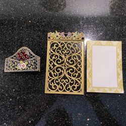 Business Card Holder & Notepad Holder 4x6” w/Jeweled Enamel Flowers & Lady Bug 