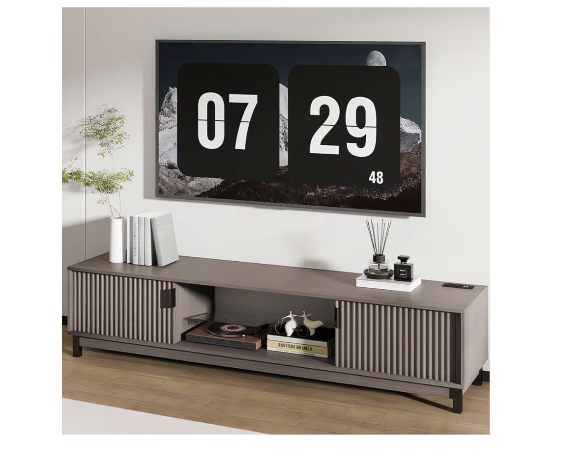 58" TV Stand with Power Outlet for Up to 65" TVs - Mid Century Modern Console with Storage Cabinets and Open Shelves for Living Room (Built )