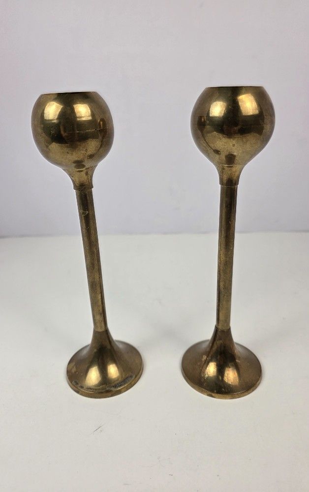 Vintage MCM Set of Brass Bulb Top Tapered Candlestick 7.25" Holders ~2