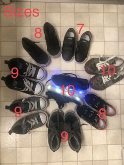 Kids boy’s shoes . (2) Lacoste, (3) converse, (1) vans, (1) oshkosh and (1) ledkers sizes from 7-10