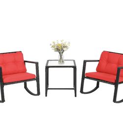 Wicker Furniture Outdoor Conversation Sets Rattan Rocking Chairs with Red Cushions and Glass Coffee Table for Patio Porch Backyard Balcony Poolside Ga