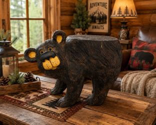 “Charming Rustic Black Bear Accent Table – Whimsical Cabin Décor