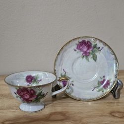 Vintage Nasco Japan Del Coronado Teacup and Saucer Fine Porcelain Violet Roses Opalescent Teacup & Saucer