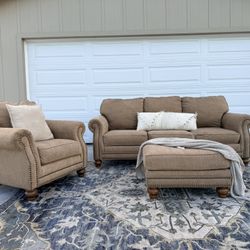 Living Spaces Beige Couch Set W Ottoman DELIVERY AVAILABLE 
