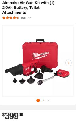 M12 12-Volt Lithium-Ion Cordless Drain Cleaning Airsnake Air Gun Kit with (1) 2.0Ah Battery, Toilet Attachments