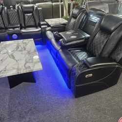 Brand New Black Synthetic Leather Motorized Reclining Movie Theater Sofa With Center Console, LED, Wireless Charging + Loveseat With Speakers, LED 