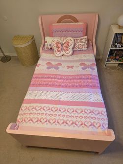 Adjustable Pink Twin / Toddler Bed Set (with Mattress, Bedding & Pillows)