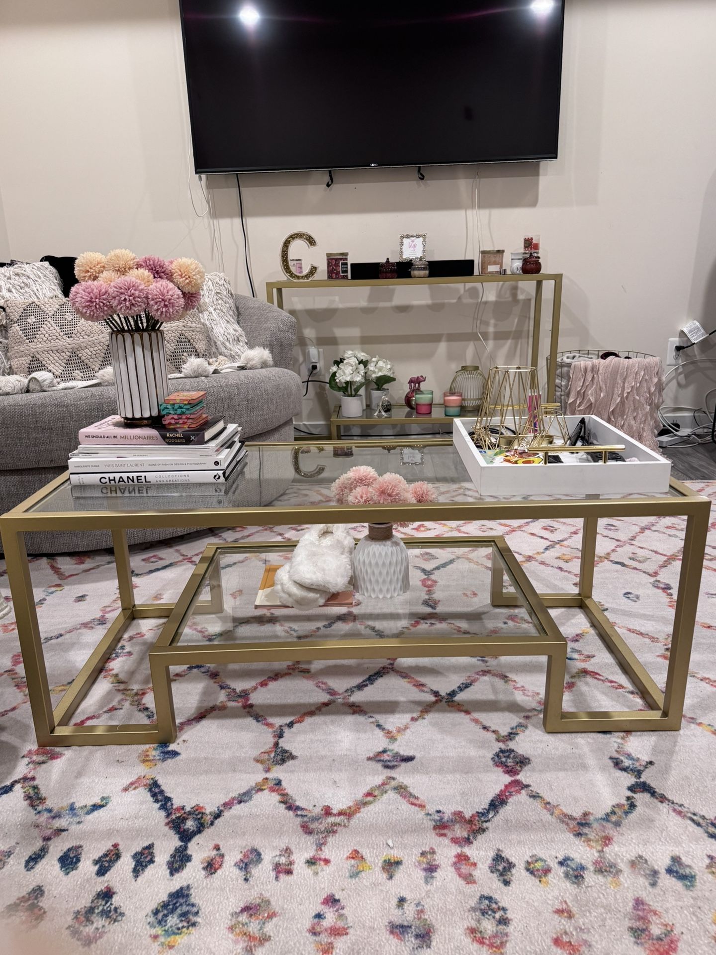 Gold & Glass Coffee Table + Console Table Set 
