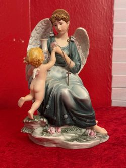 VINTAGE HAND -PAINTED PORCELAIN ANGEL WITH CHERUB BEAUTIFUL