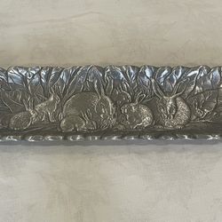 Arthur Court Silver Tone tray with embossed rabbits and foliage. 18.25”x 5.5”