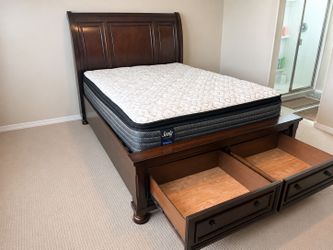 Queen Brown Storage Bed and mattress NO NIGHTSTANDS