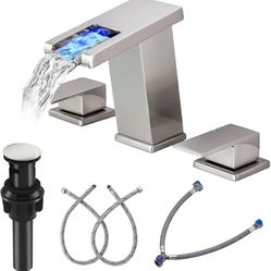 LED Bathroom Faucet 3 Hole, Brushed Nickel Waterfall Bathroom Faucets, 8 Inch Widespread Modern Bathroom Sink Faucet & Parts, Wide Spread Touch On Thr