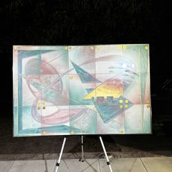 Large Signed Abstract Geometric Painting – Modern Pastel Wall Art 