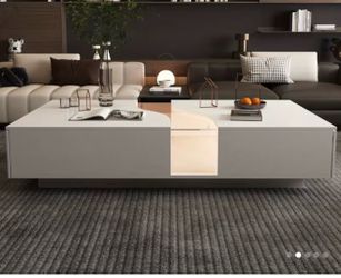 Modern White Coffee Table Adjustable LED Lights 2 Drawers Tempered Glass Top
