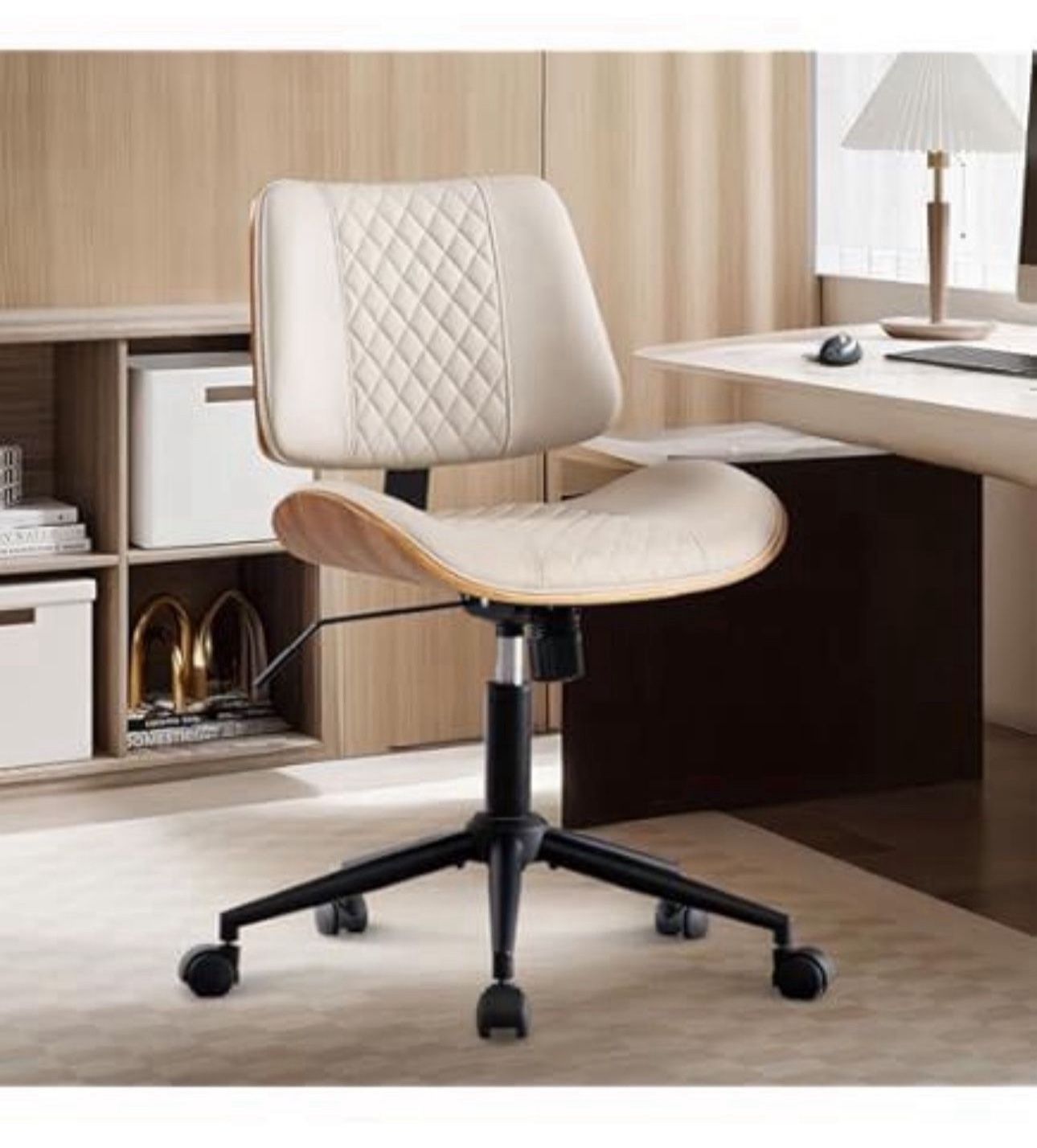 Home Office Chair with Wheels, Adjustable Height and 360° Swivel Armless Desk Chair, Modern PU Leather Mid-Back Computer Chair for Office Living Room