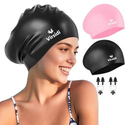 2 Pack Large Swim Caps for Long Hair, Silicone Swimming Cap for Adult Women Men, Waterproof Swim Hats Bathing Caps to Keep Hair Dry with Bonus Nose Cl
