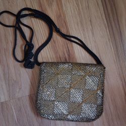 DeLill Beaded Evening Bag Purse Black Gold Crossbody Vintage