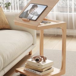 New KASLANDI C Shaped Table for Couch, C Table with Wheels,Wooden Couch Table Adjustable Desktop for Living Room,Bedroom - Natural Color