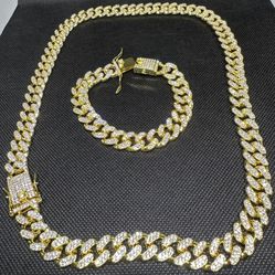 Diamond Gold Cuban Link Chain And Matching Cuban Link Bracelet