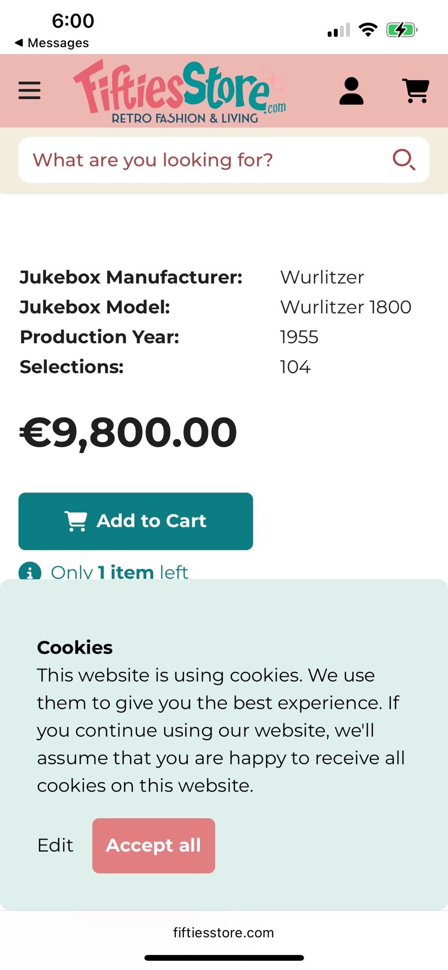 Antique Wurlitzer 1800 Jukebox 1955