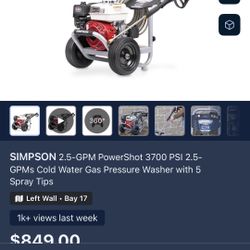 SIMPSON 3700PSI PRESSURE WASHER $500