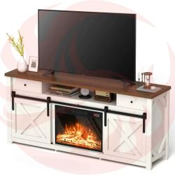 Pamapic 70" Farmhouse Fireplace TV Stand for Living Room, Entertainment Center with Cabinet and Shelves