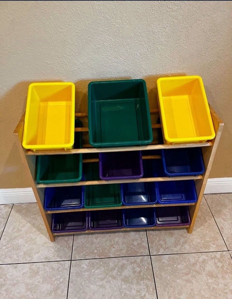 REAL WOOD 4 Tier Toy Organizer With 14 Plastic Bins… 35” Height By 34” Wide By 14” Wide… In Good Condition… $45