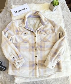 Women’s Beige Lavender Plaid Sherpa Lined Fleece Jacket M