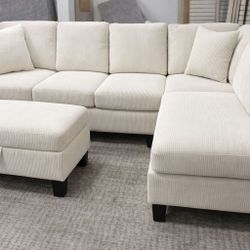 Brand New Ivory Corduroy Sectional Sofa +Storage Ottoman (New In Box) 