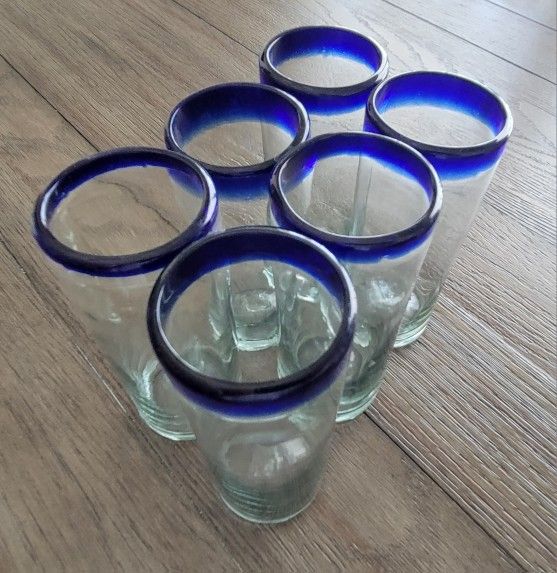 Cobalt Blue Rim 14 oz Highball Glasses Set of 6 hand-blown from Mexico