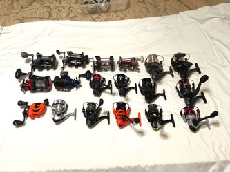 Mostly brand new and preowned like new fishing reels. Spinners and bait casters.