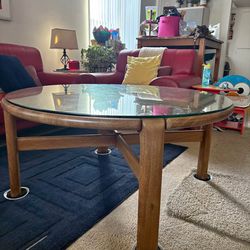 2000s modern wooden table with glass top