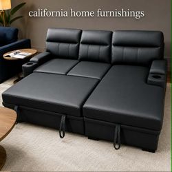 91" Black Performance Fabric Sleeper Sectional Sofa Chaise with Storage Arms and Cupholder