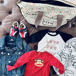 Bundle Of Baby & Toddler Items - Diaper Bag, Toddler Jean Jacket, Shoes, Shirts, Swaddle Blanket 