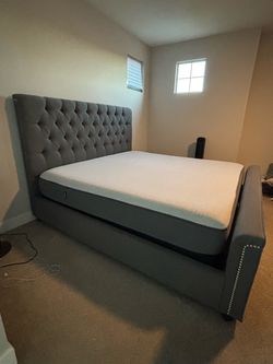 Gray Tufted Upholstered King Bed Frame w/ Nailhead Trim – Frame Only